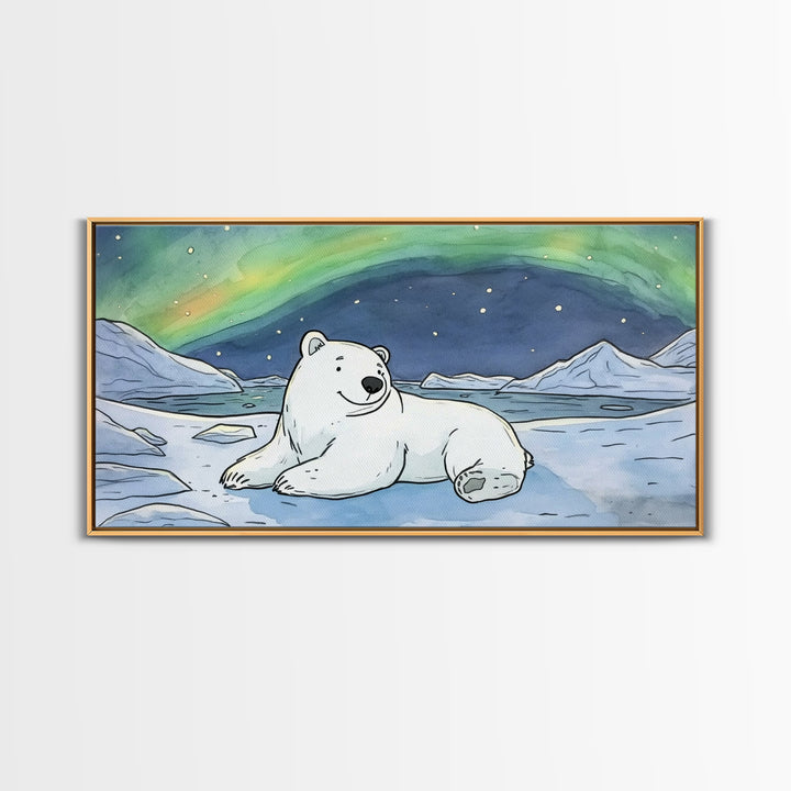 Polar Bear Under Northern Lights Wall Art, Arctic Animal Canvas Print, Nursery Decor, Wildlife Print, Winter Home Decor Gift