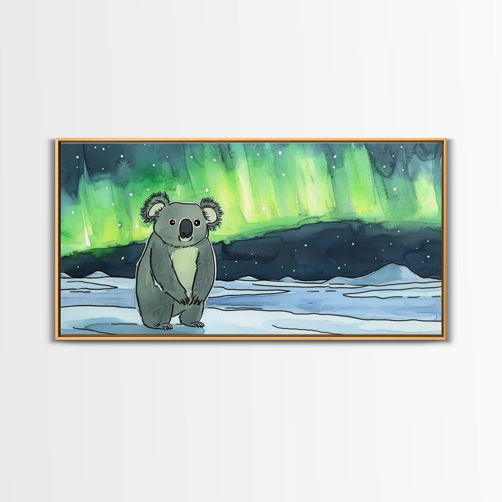 Koala Under Northern Lights Wall Art, Whimsical Animal Canvas Print, Aurora Nursery Decor, Kids Room Art, Unique Gift For Her