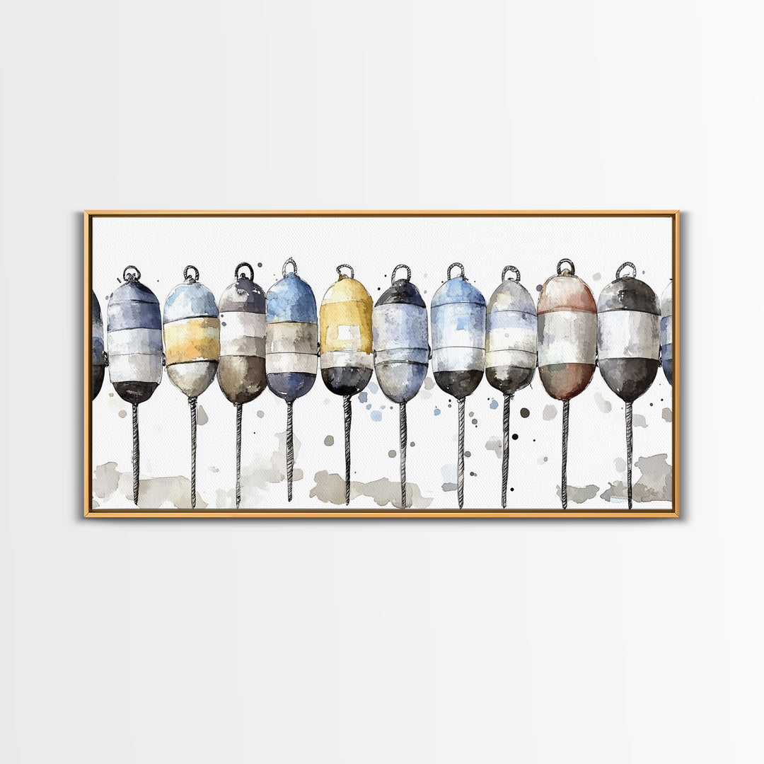 Striped Fishing Buoys Wall Art, Nautical Canvas Print, Coastal Bathroom Decor, Beach House Art, Ocean Wall Decor Gift Print