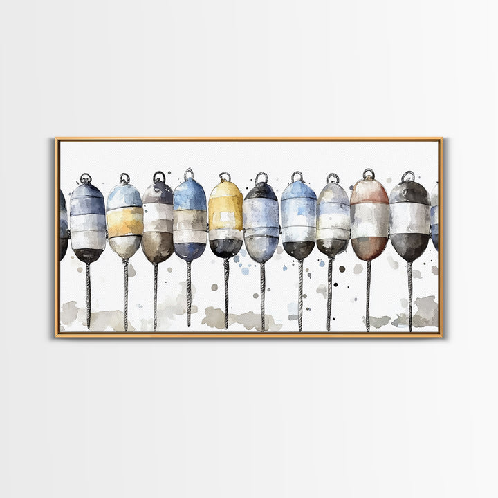 Striped Fishing Buoys Wall Art, Nautical Canvas Print, Coastal Bathroom Decor, Beach House Art, Ocean Wall Decor Gift Print