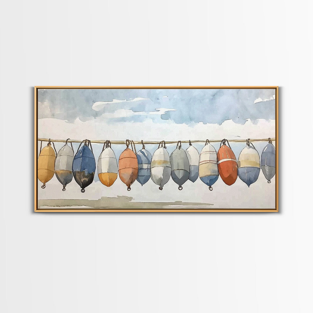 Hanging Coastal Buoys Canvas Print, Nautical Wall Art, Beach House Decor, Ocean Print, Bathroom Wall Decor, Gift For Her