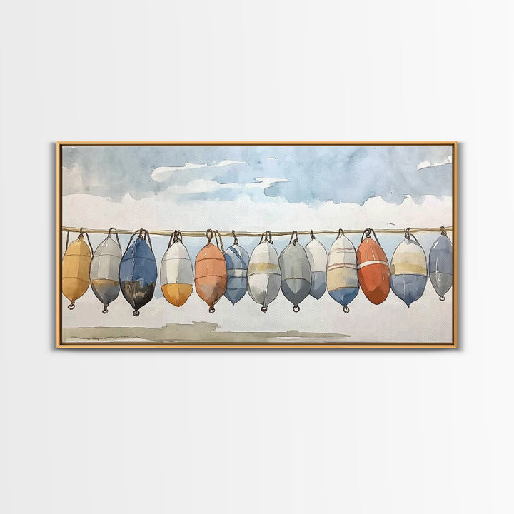 Hanging Coastal Buoys Canvas Print, Nautical Wall Art, Beach House Decor, Ocean Print, Bathroom Wall Decor, Gift For Her