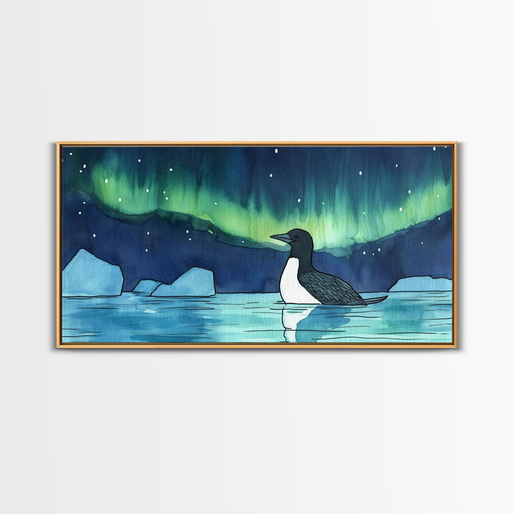 Loon Under Northern Lights Wall Art, Arctic Lake Canvas Print, Wildlife Bird Print, Coastal Nature Decor, Gift For Her, Home Decor