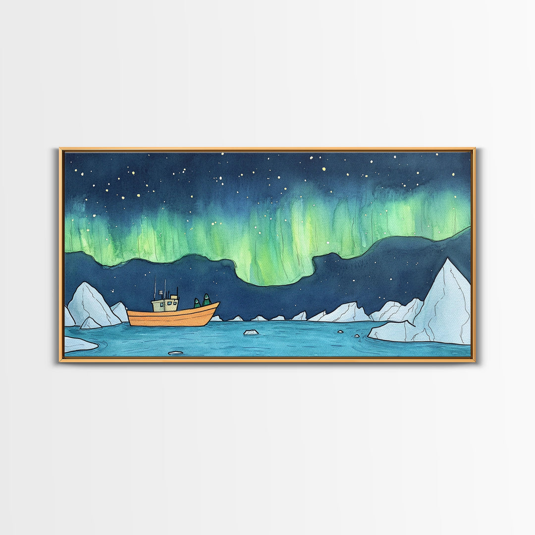 Northern Lights Boat And Iceberg Wall Art, Arctic Seascape Canvas Print, Aurora Borealis Travel Poster, Nautical Decor Gift