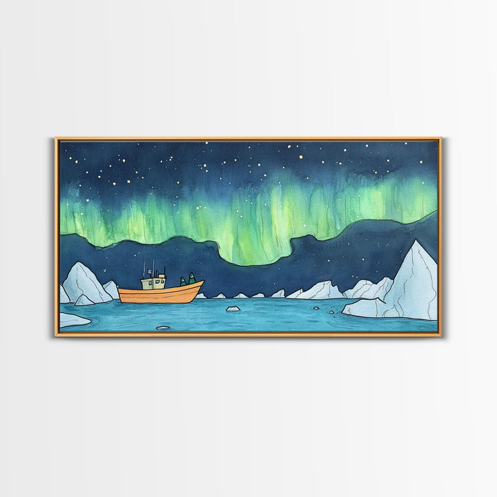 Northern Lights Boat And Iceberg Wall Art, Arctic Seascape Canvas Print, Aurora Borealis Travel Poster, Nautical Decor Gift