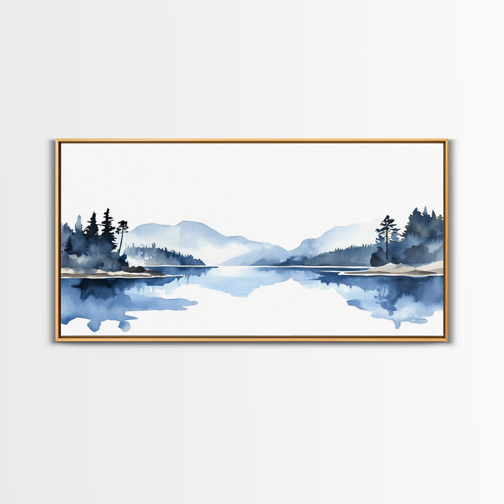 Minimal Blue Mountain Lake Wall Art, Watercolor Landscape Canvas Print, Scandinavian Nature Decor, Calm Living Room Wall Art