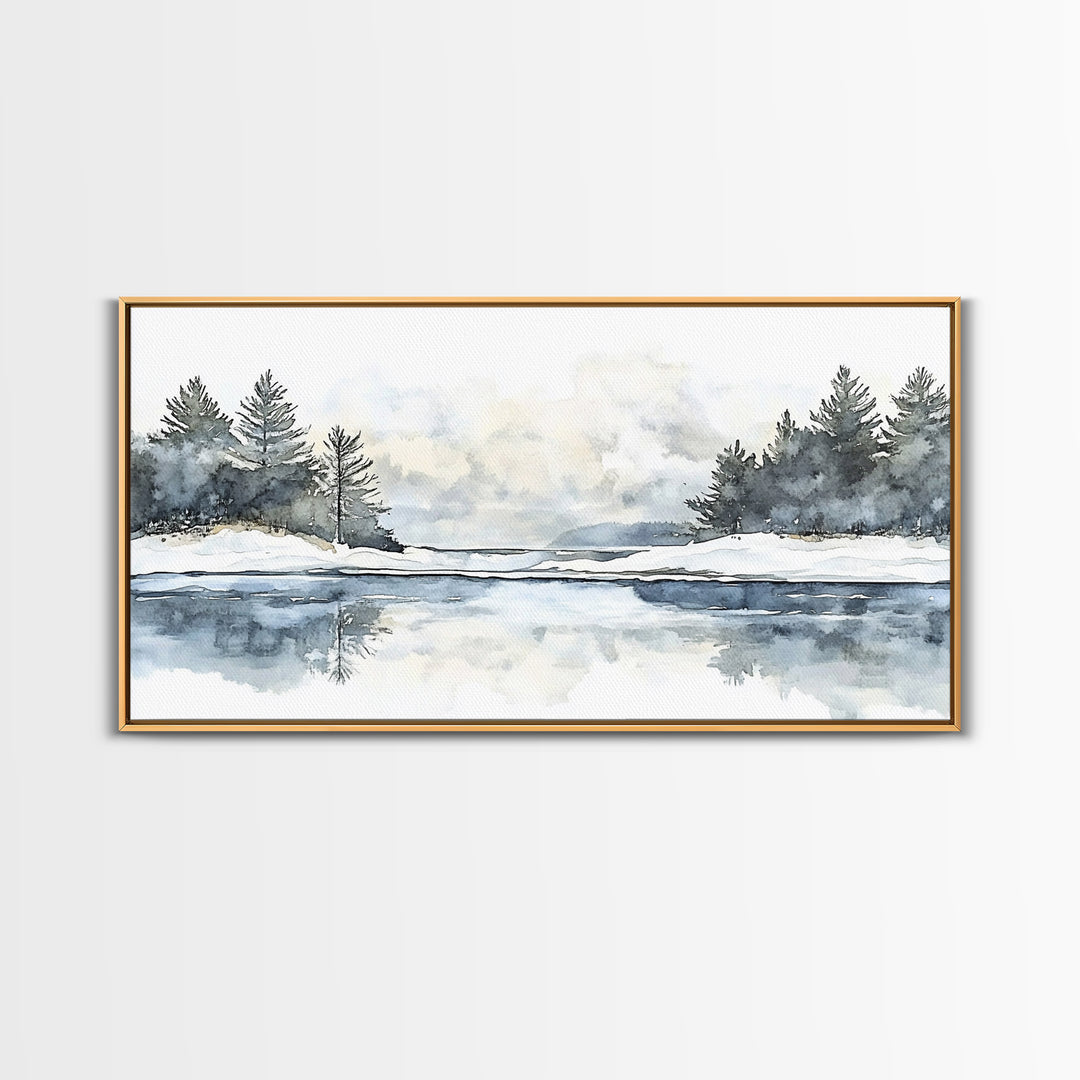 Winter Pine River Reflection Wall Art, Blue Watercolor Landscape Canvas Print, Serene Nature Living Room Decor, Lake House Gift