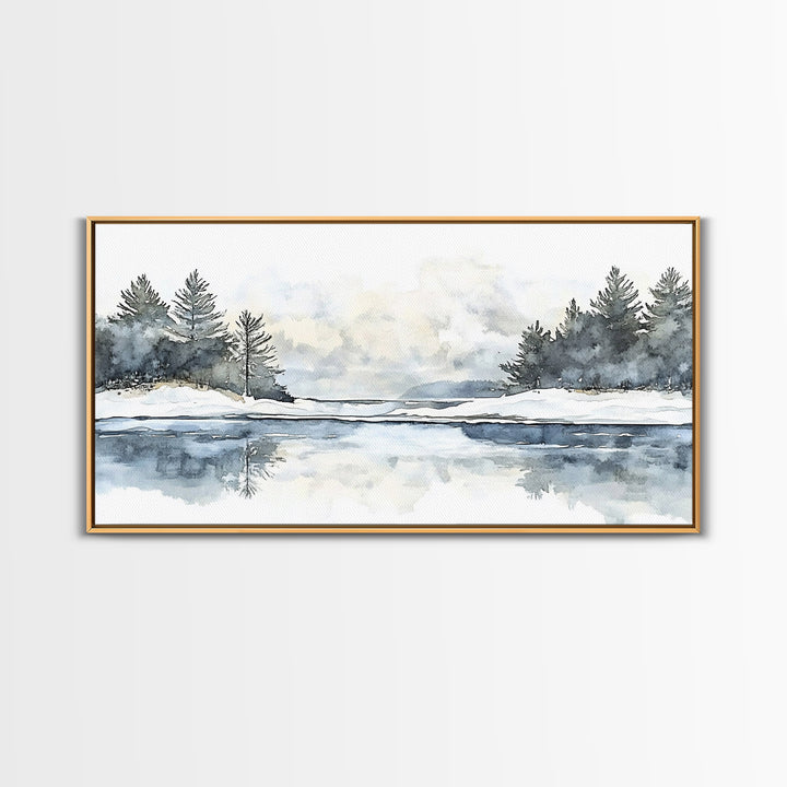 Winter Pine River Reflection Wall Art, Blue Watercolor Landscape Canvas Print, Serene Nature Living Room Decor, Lake House Gift