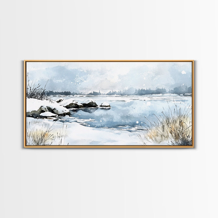 Snowy Marsh Lake With Rocks And Grass Wall Art, Winter Watercolor Landscape Canvas Print, Neutral Nature Decor, Cabin Gift