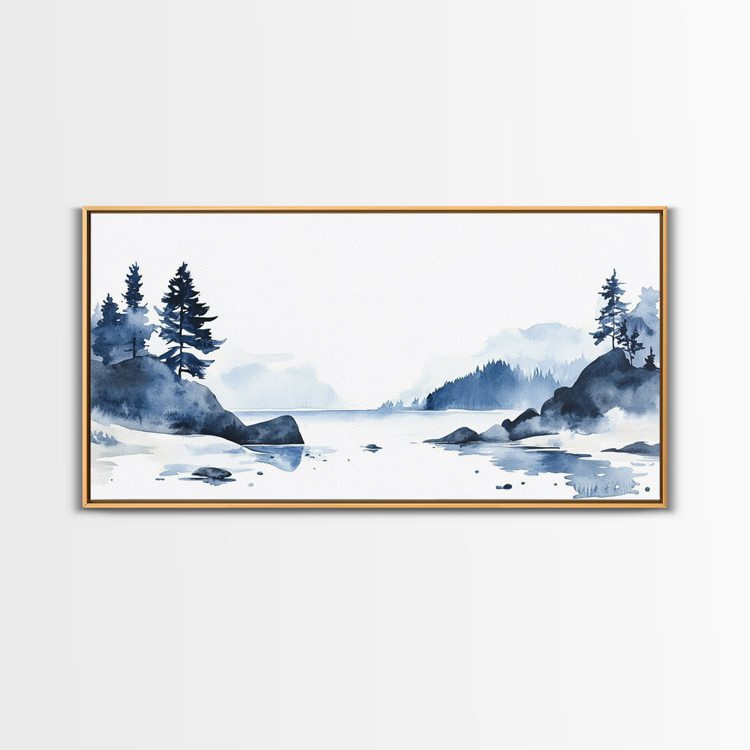 Blue Rocky Lake And Pine Island Canvas Print, Watercolor Coastal Landscape, Scandinavian Wall Decor, Calm Living Room Art