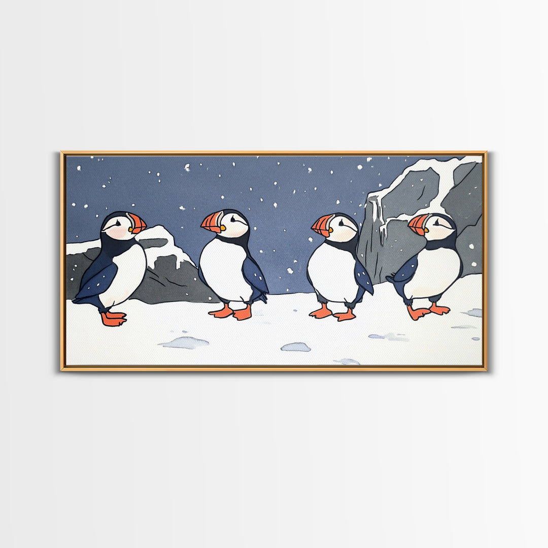 Four Puffins In Snowy Arctic Landscape Canvas Print, Whimsical Animal Wall Art For Kids Room, Nursery, Coastal Winter Decor