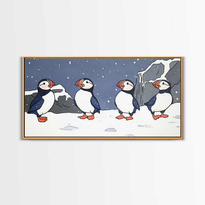 Four Puffins In Snowy Arctic Landscape Canvas Print, Whimsical Animal Wall Art For Kids Room, Nursery, Coastal Winter Decor