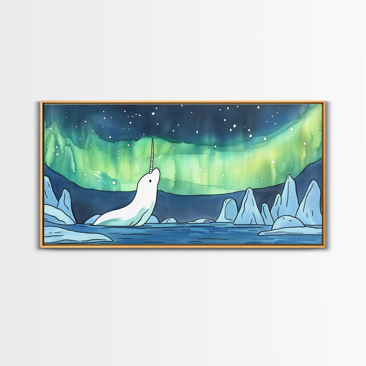White Narwhal Under Northern Lights Canvas Print, Arctic Ocean Wall Art For Nursery, Kids Room, Coastal Decor, Fantasy Gift