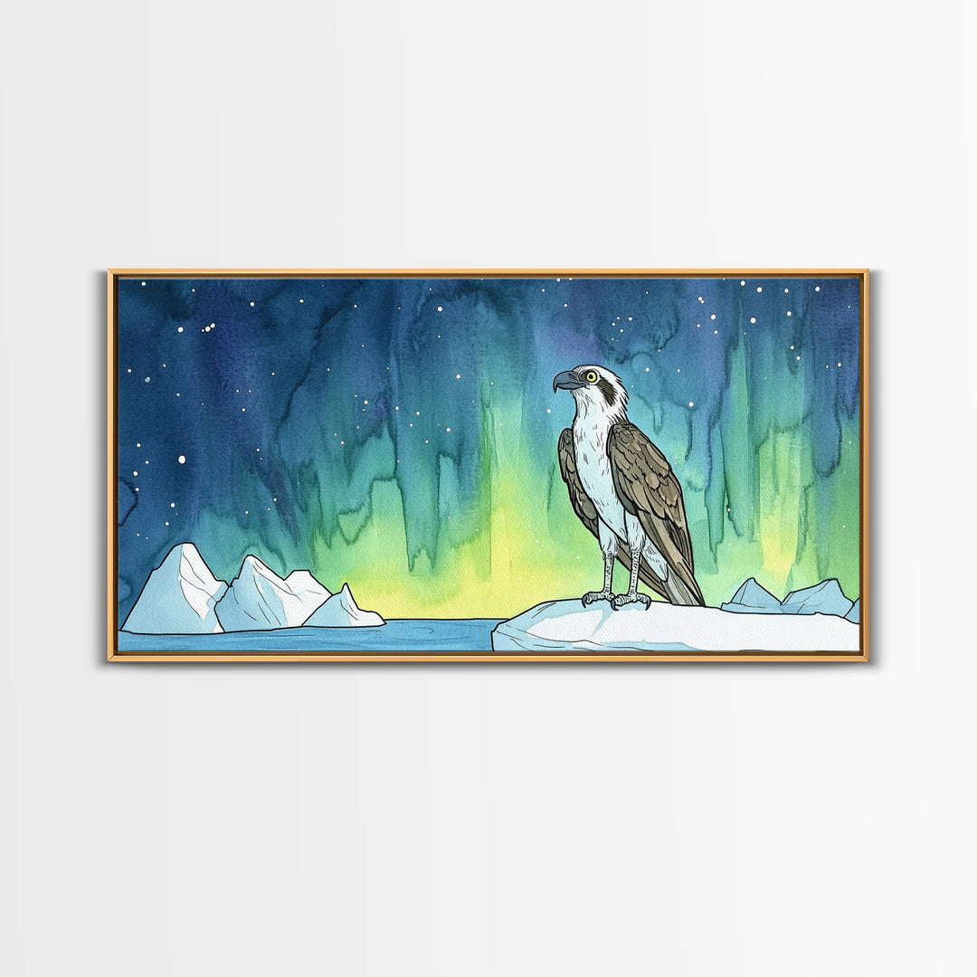 Osprey Perched Beneath Northern Lights Wall Art, Aurora Borealis Bird Print, Arctic Nature Decor, Wildlife Canvas Art Print