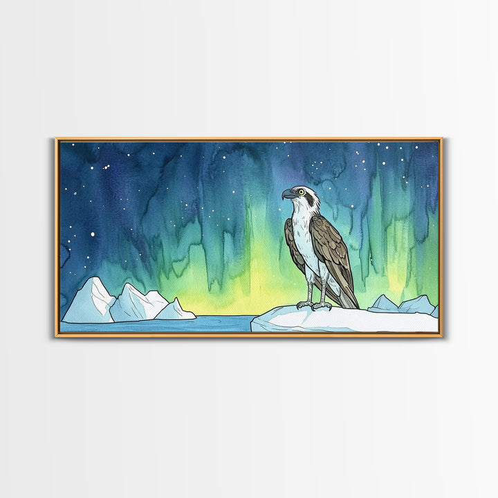 Osprey Perched Beneath Northern Lights Wall Art, Aurora Borealis Bird Print, Arctic Nature Decor, Wildlife Canvas Art Print