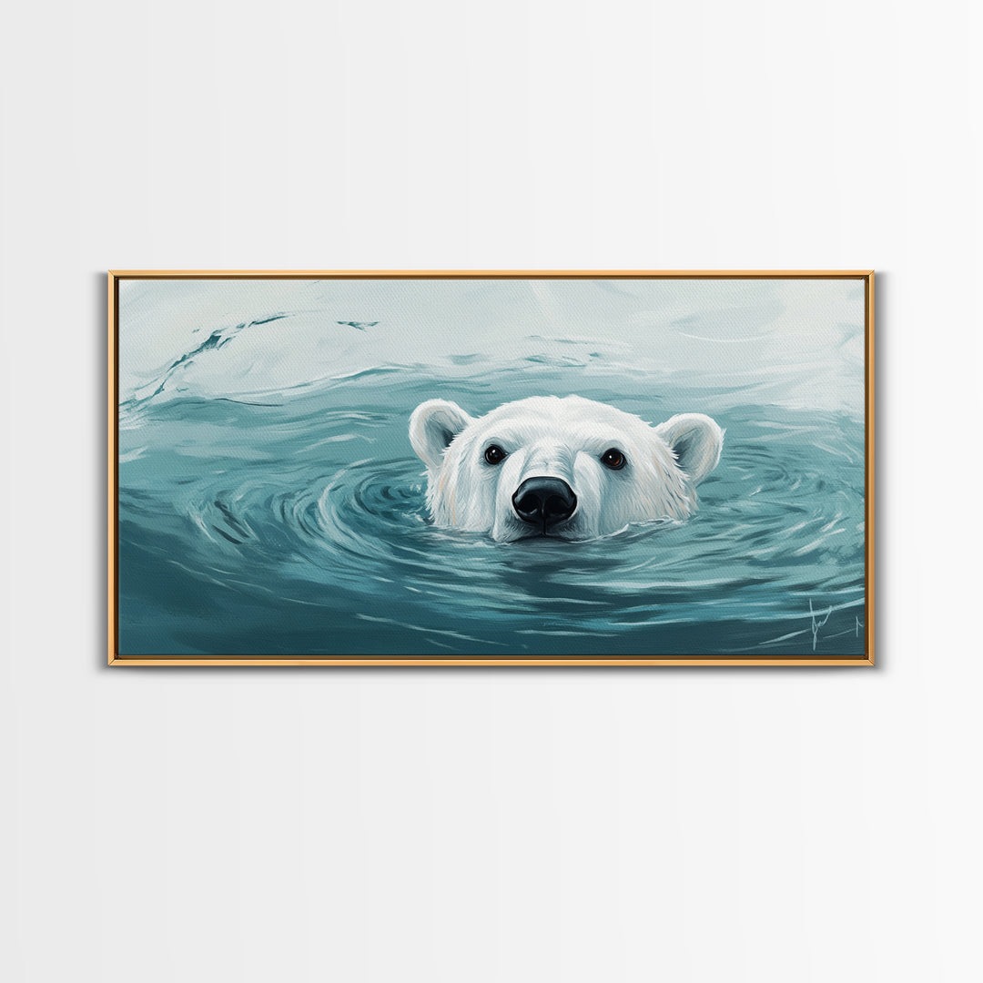 Swimming Polar Bear In Teal Water Wall Art, Arctic Wildlife Canvas Print, Ocean Animal Decor, Nursery Or Bathroom Art Print