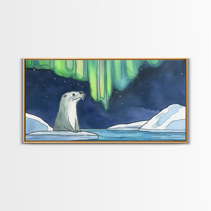 Arctic Seal Under Northern Lights Wall Art, Aurora Ocean Animal Print, Whimsical Nursery Decor, Coastal Canvas Print, Housewarming Gift