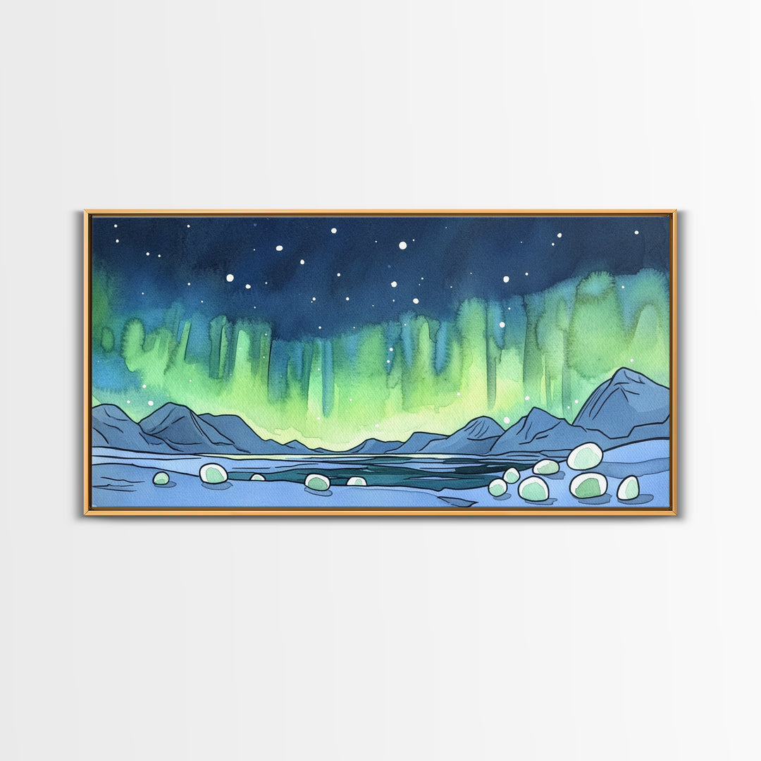 Northern Lights Over Arctic Mountains Wall Art, Aurora Landscape Print, Nature Wall Decor, Large Canvas Print, Office Decor