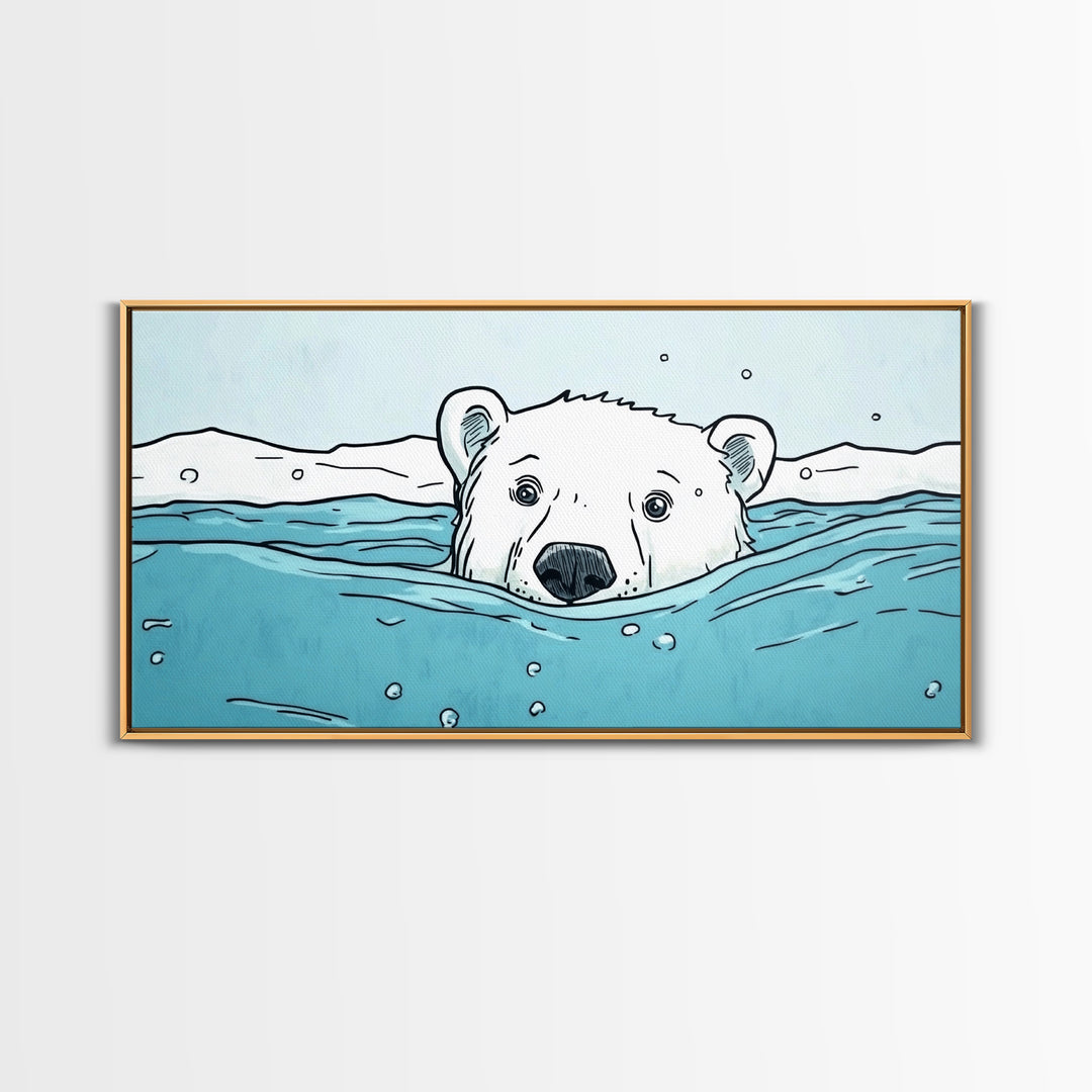 Polar Bear Swimming In Icy Water Wall Art, Arctic Animal Print, Nursery Wall Art, Kids Room Decor, Coastal Canvas Print Gift
