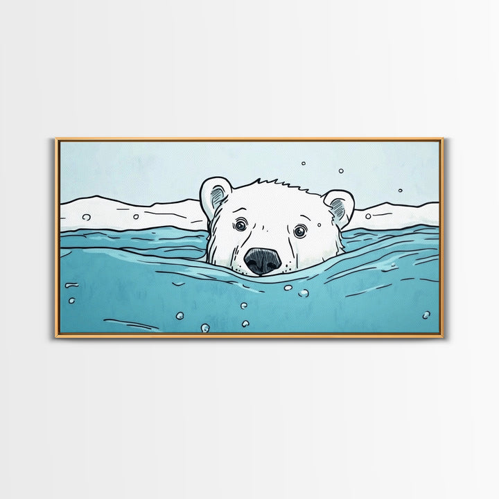 Polar Bear Swimming In Icy Water Wall Art, Arctic Animal Print, Nursery Wall Art, Kids Room Decor, Coastal Canvas Print Gift