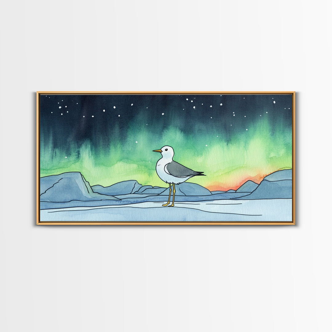 Arctic Seagull Under Aurora Sky Wall Art, Northern Lights Print, Coastal Bird Decor, Nature Wall Art, Framed Canvas Print