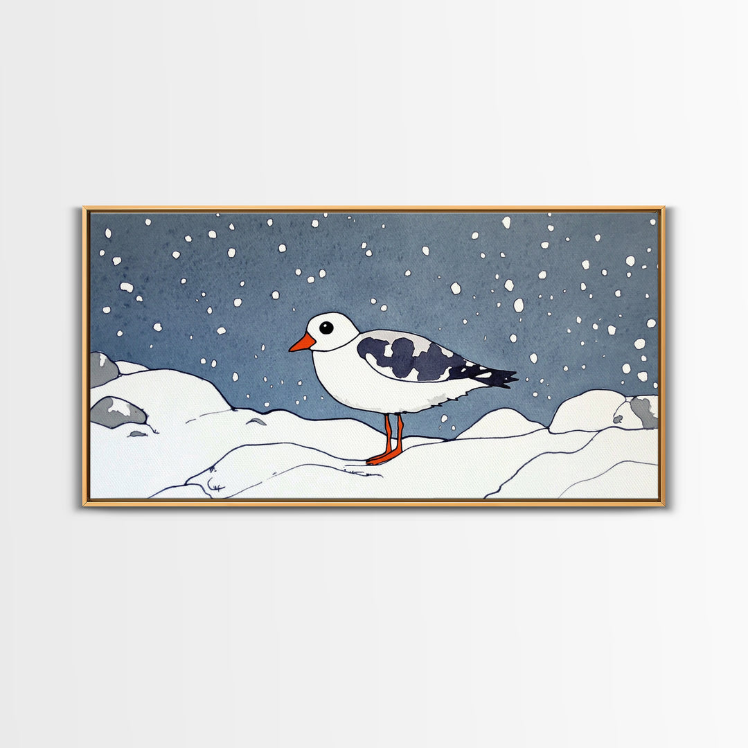 Snowy Arctic Shorebird In Winter Canvas Print, Bird Wall Art, Nursery Decor, Animal Wall Art, Minimalist Coastal Decor Gift