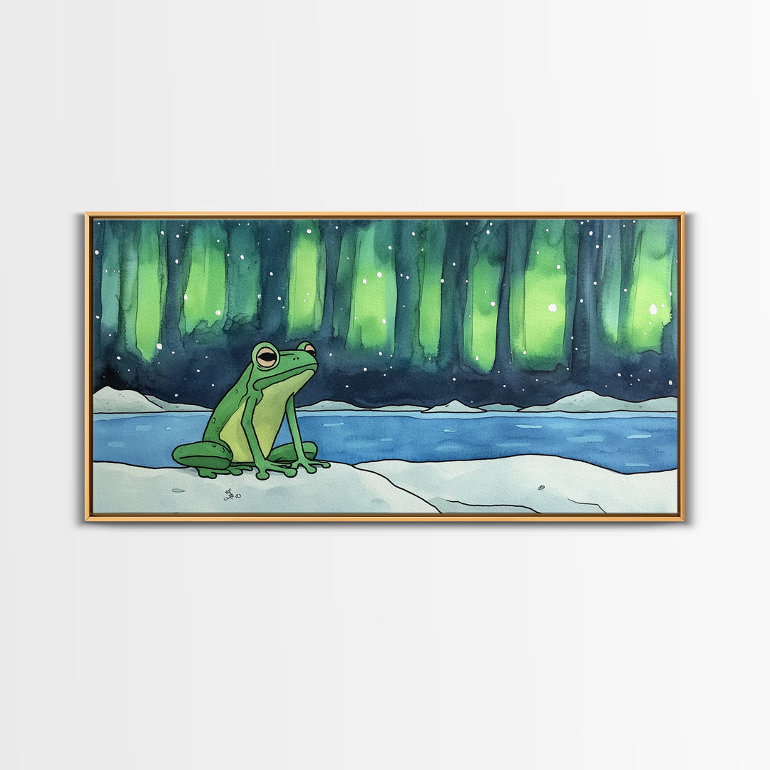 Green Frog Under Northern Lights Wall Art, Whimsical Animal Art Print, Aurora Borealis Nursery Decor, Kids Room Housewarming Gift