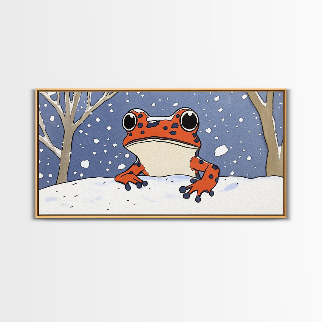 Orange Spotted Frog In Snowy Forest Wall Art, Whimsical Animal Print, Winter Nursery Decor, Cute Kids Room Canvas Art Housewarming Gift