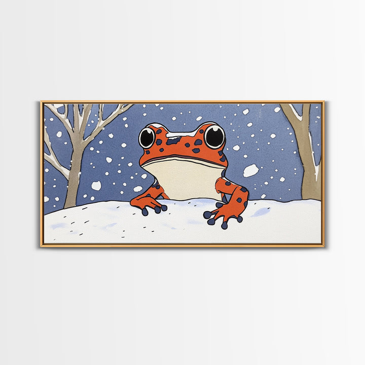 Orange Spotted Frog In Snowy Forest Wall Art, Whimsical Animal Print, Winter Nursery Decor, Cute Kids Room Canvas Art Housewarming Gift
