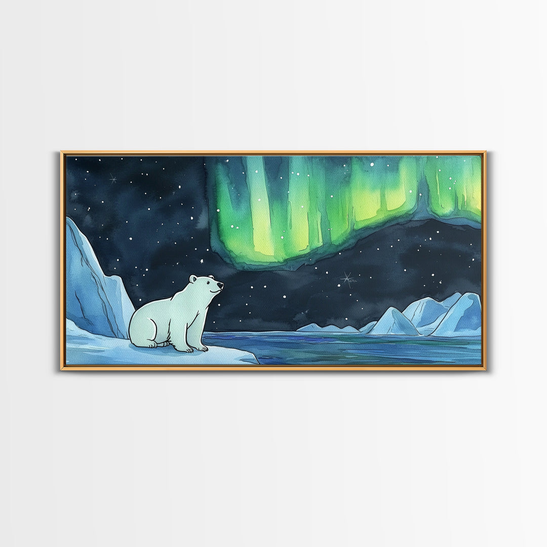 Polar Bear Beneath Northern Lights Wall Art, Arctic Landscape Canvas Print, Wildlife Nursery Decor, Cozy Winter Housewarming Gift