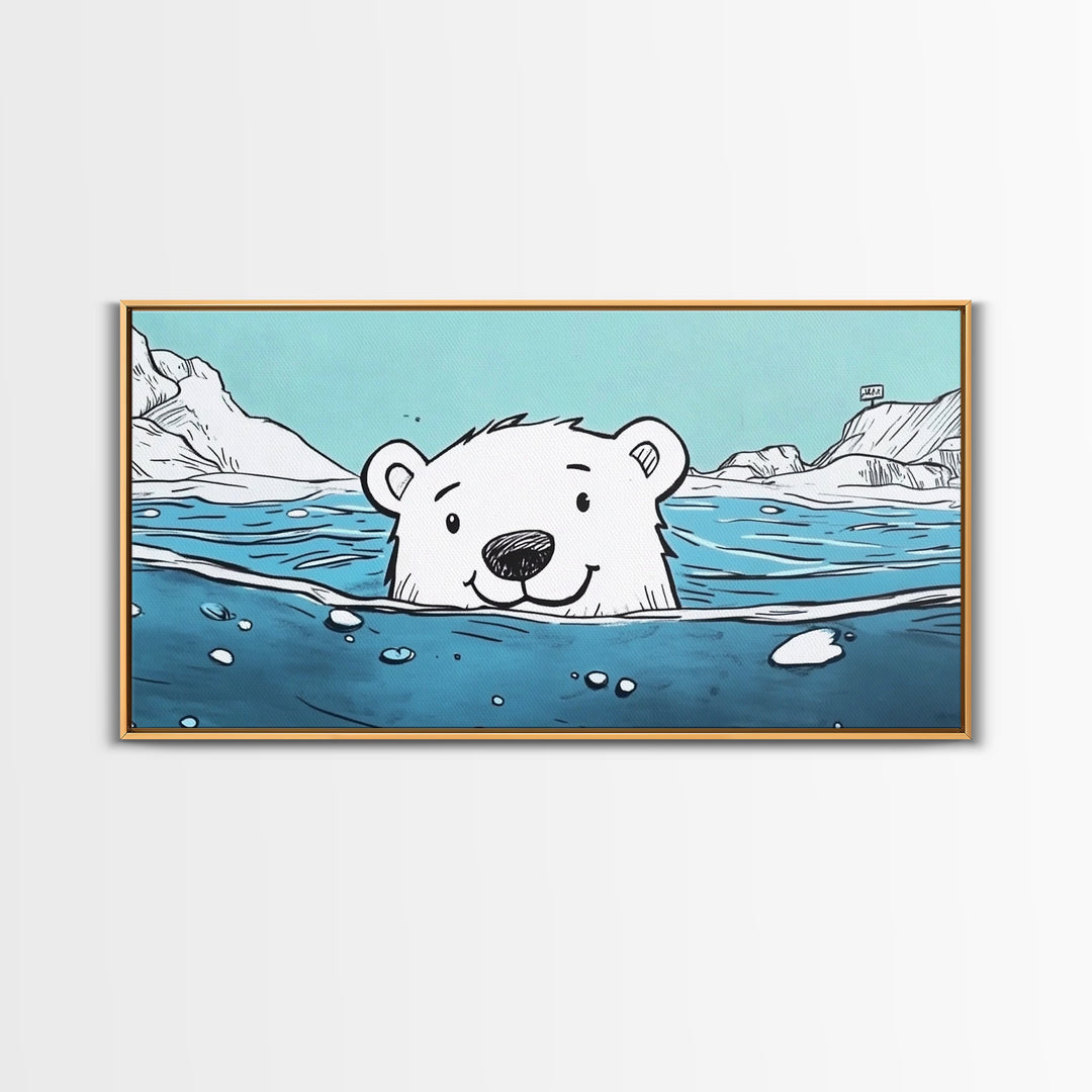 Smiling Polar Bear Swimming In Icy Sea Wall Art, Playful Arctic Animal Print, Ocean Nursery Decor, Kids Room Canvas Gift