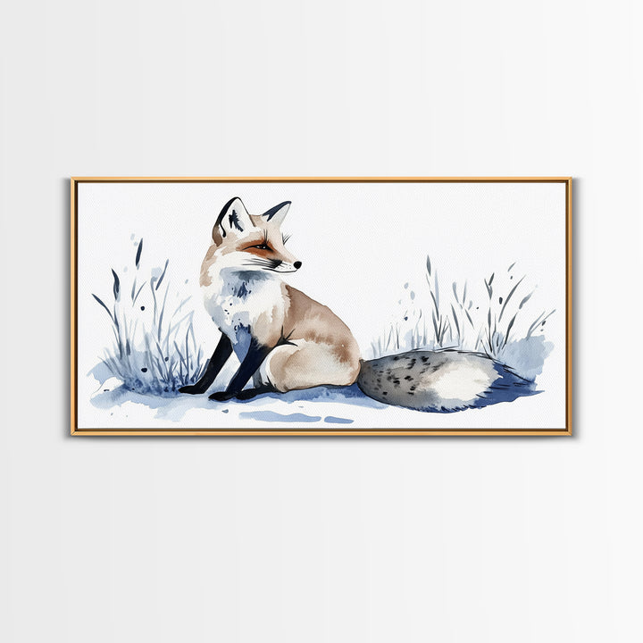 Sitting Fox In Frosted Grass Wall Art, Minimal Watercolor Wildlife Canvas Print, Neutral Nursery Decor, Animal Lover Gift
