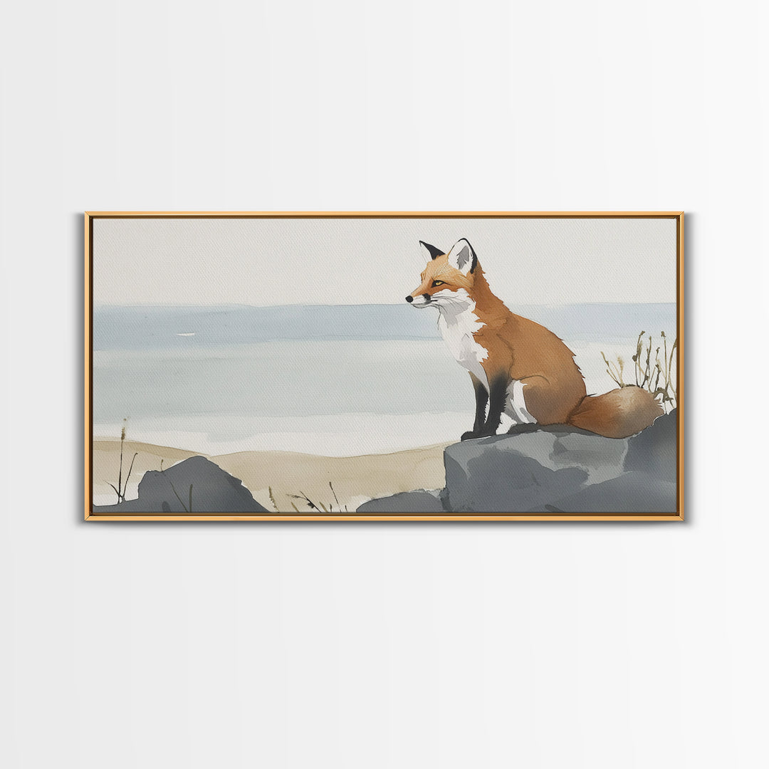 Coastal Fox On Ocean Rocks Wall Art, Minimal Watercolor Wildlife Canvas Print, Beach House Decor, Neutral Living Room Art