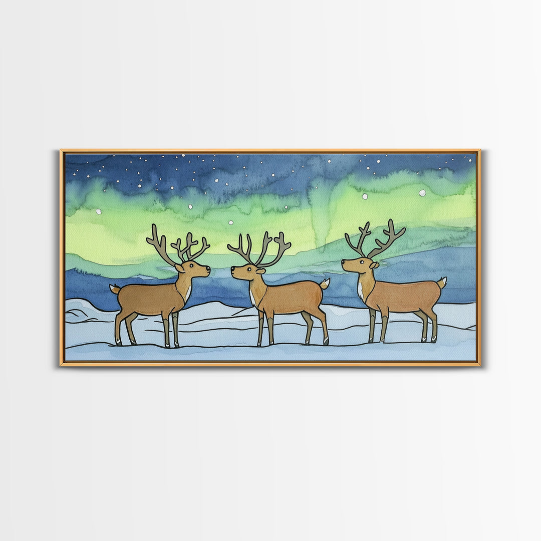 Three Reindeer Under Northern Lights Wall Art, Aurora Winter Landscape Print, Rustic Wildlife Decor, Cabin Christmas Gift