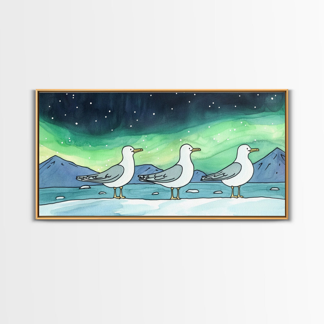 Three Seagulls Under Aurora Sky Wall Art, Winter Coastal Bird Canvas Print, Nautical Ocean Decor, Beach House Christmas Gift