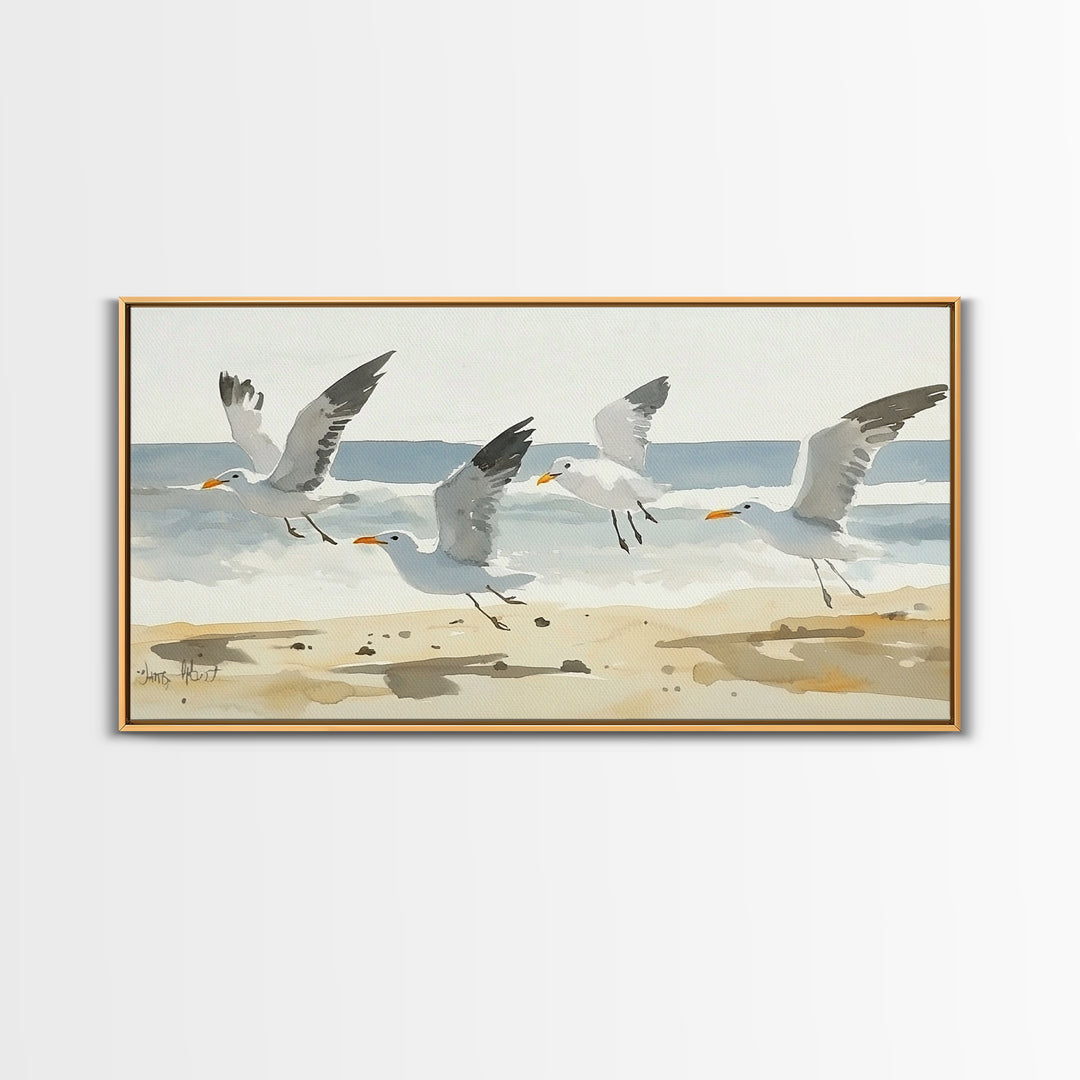 Flying Seagulls Over Sandy Watercolor Beach Wall Art, Coastal Ocean Canvas Print, Nautical Seascape Decor, Beach House Gift