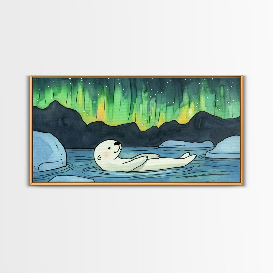 Polar Bear Floating Beneath Aurora Canvas Print, Arctic Wildlife Wall Art, Northern Lights Decor, Kids Room Animal Gift Print