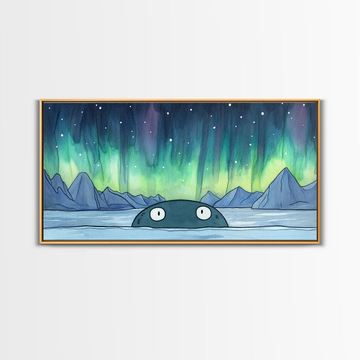 Whimsical Whale Peeking At Aurora Canvas Print, Northern Lights Wall Art, Arctic Ocean Decor, Kids Room Animal Gift For Nursery
