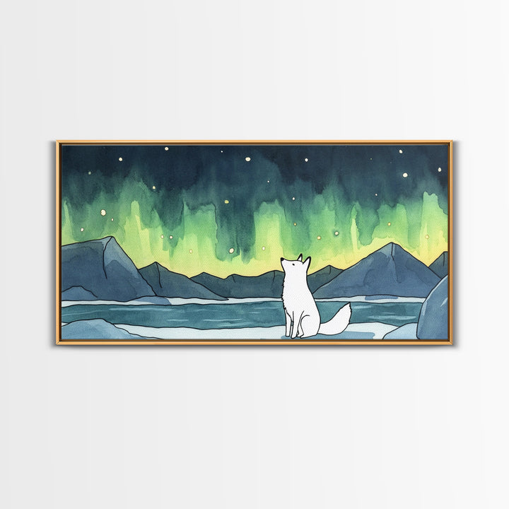 White Arctic Fox Watching Aurora Canvas Print, Northern Lights Wall Art, Winter Landscape Decor, Nature Lover Gift For Her