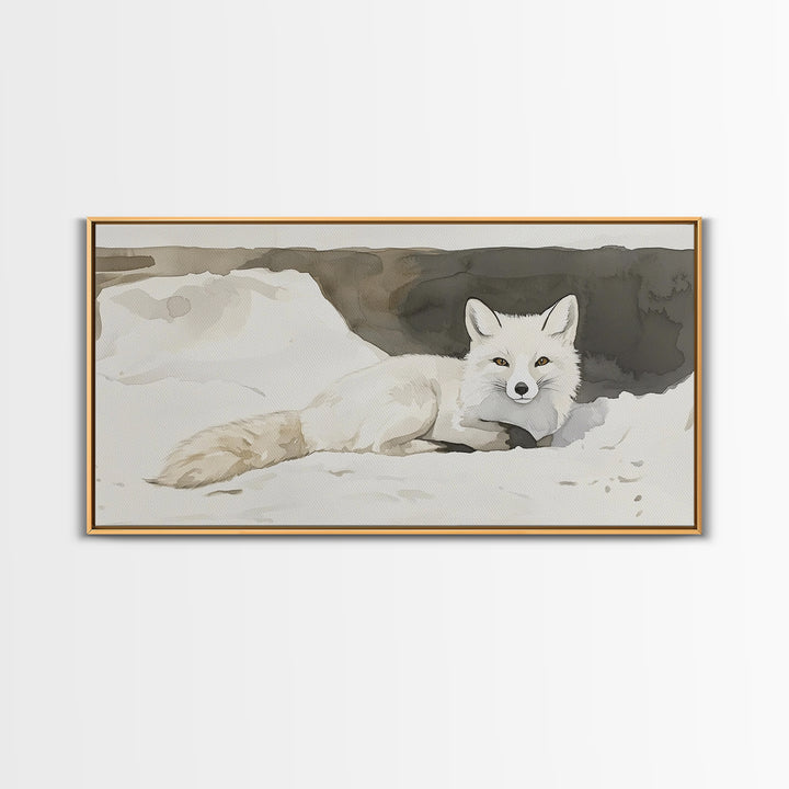 White Arctic Fox In Snow Canvas Print, Neutral Winter Wildlife Wall Art, Nursery Animal Art, Scandinavian Bedroom Decor Gift