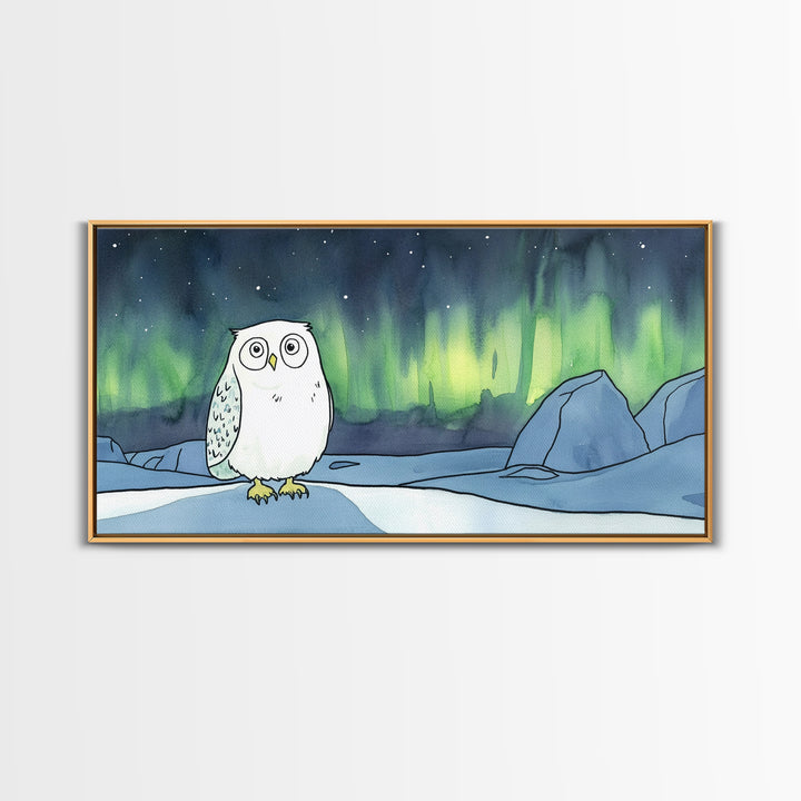 Wide Eyed Snowy Owl Aurora Canvas Print, Northern Lights Wall Art, Whimsical Animal Art, Kids Room Decor Gift For Baby Bedroom