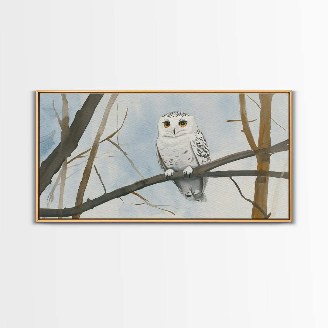 Snowy Owl On Winter Branch Canvas Print, Woodland Wildlife Wall Art, Neutral Nursery Animal Art, Scandinavian Office Decor
