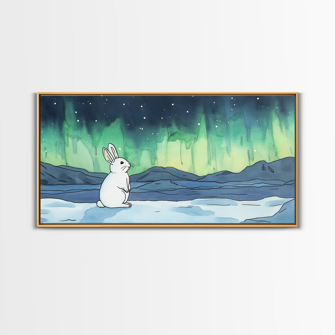 White Rabbit Watching Aurora Canvas Print, Northern Lights Wall Art, Whimsical Animal Art, Nursery Decor Gift For Kids Room