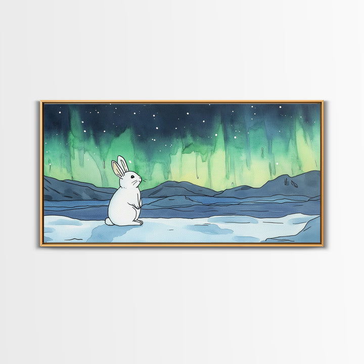 White Rabbit Watching Aurora Canvas Print, Northern Lights Wall Art, Whimsical Animal Art, Nursery Decor Gift For Kids Room
