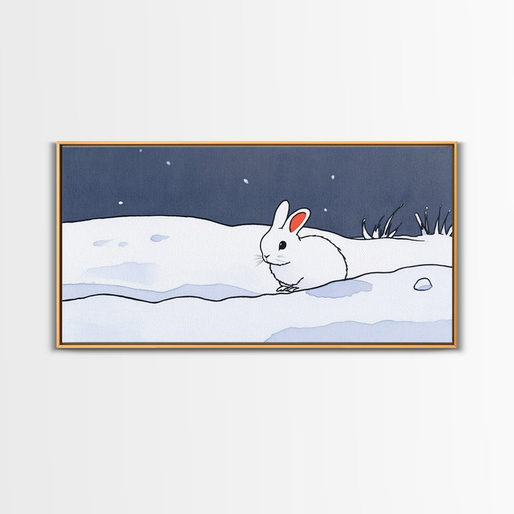 Little White Rabbit In Snow Canvas Print, Minimal Winter Wall Art, Nursery Animal Art, Scandinavian Kids Room Decor Gift