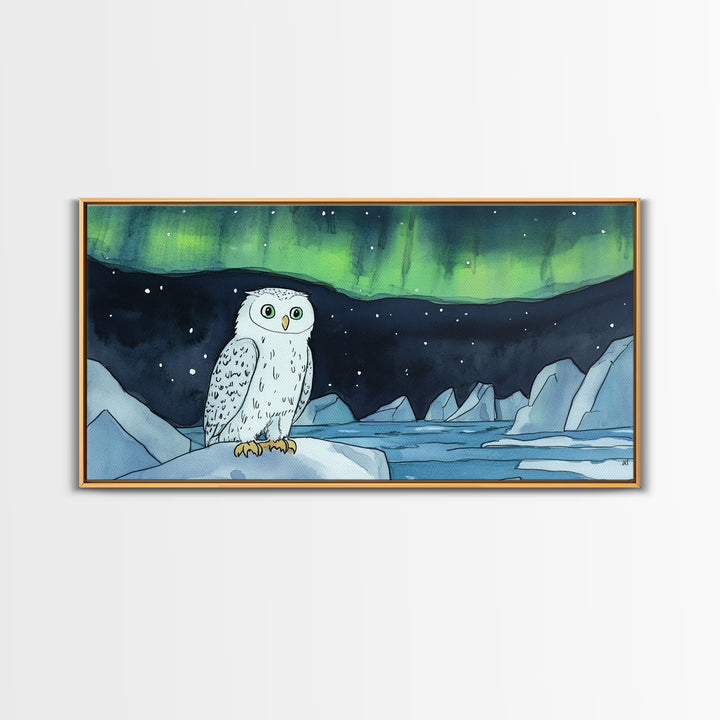 Snowy Owl Under Northern Lights Framed Canvas Print, Aurora Borealis Wall Decor, Arctic Wildlife Nursery Or Cabin Art Gift