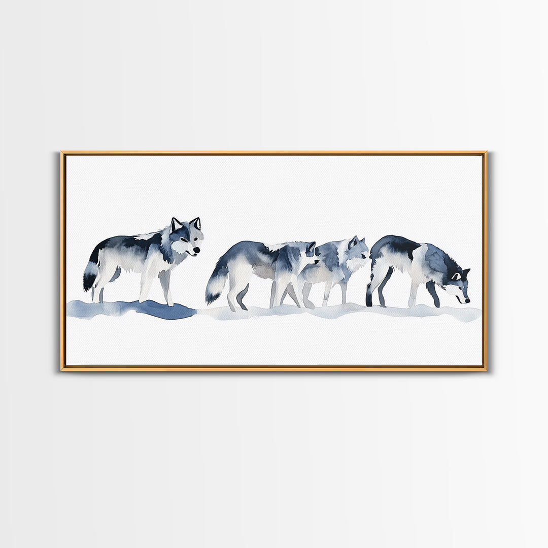 Walking Wolf Pack In Snow Framed Canvas Print, Watercolor Wildlife Wall Art, Rustic Cabin Decor, Winter Animal Art Print