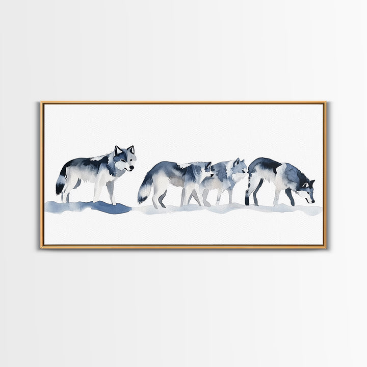 Walking Wolf Pack In Snow Framed Canvas Print, Watercolor Wildlife Wall Art, Rustic Cabin Decor, Winter Animal Art Print