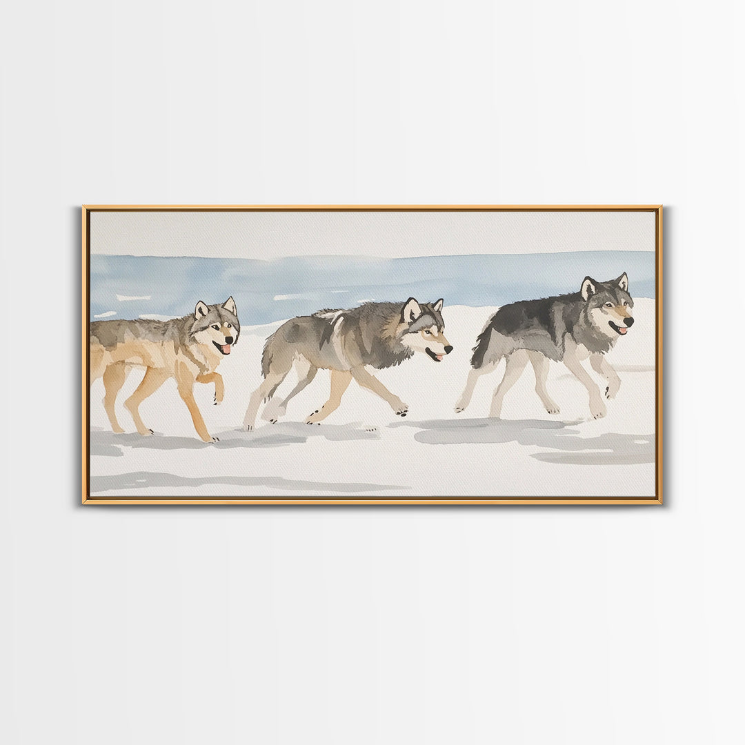 Three Running Wolves In Snow, Framed Canvas Print, Wildlife Wall Art, Rustic Cabin Decor, Winter Landscape, Gift For Him