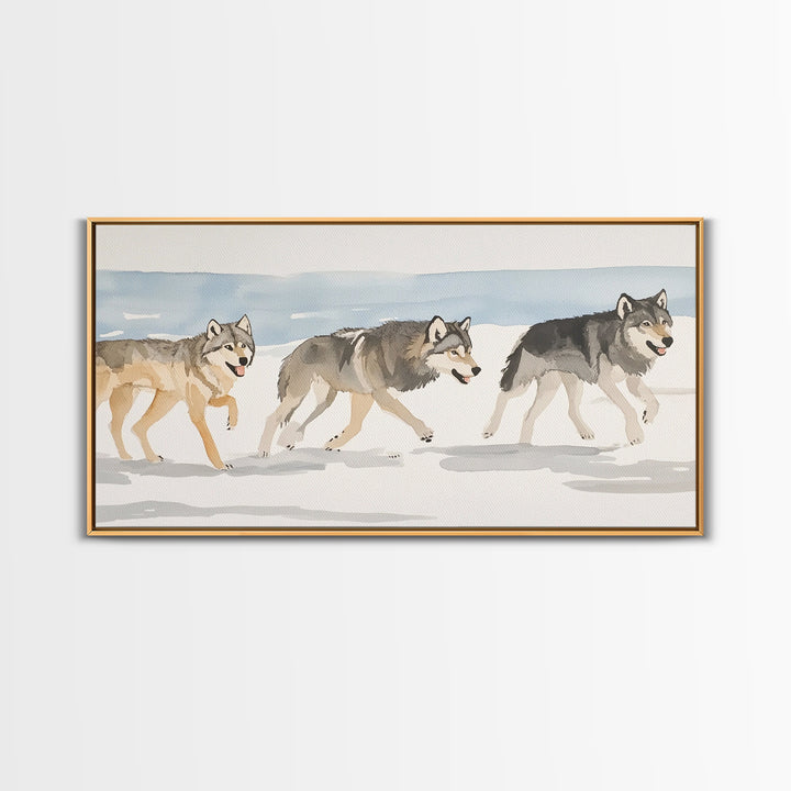 Three Running Wolves In Snow, Framed Canvas Print, Wildlife Wall Art, Rustic Cabin Decor, Winter Landscape, Gift For Him
